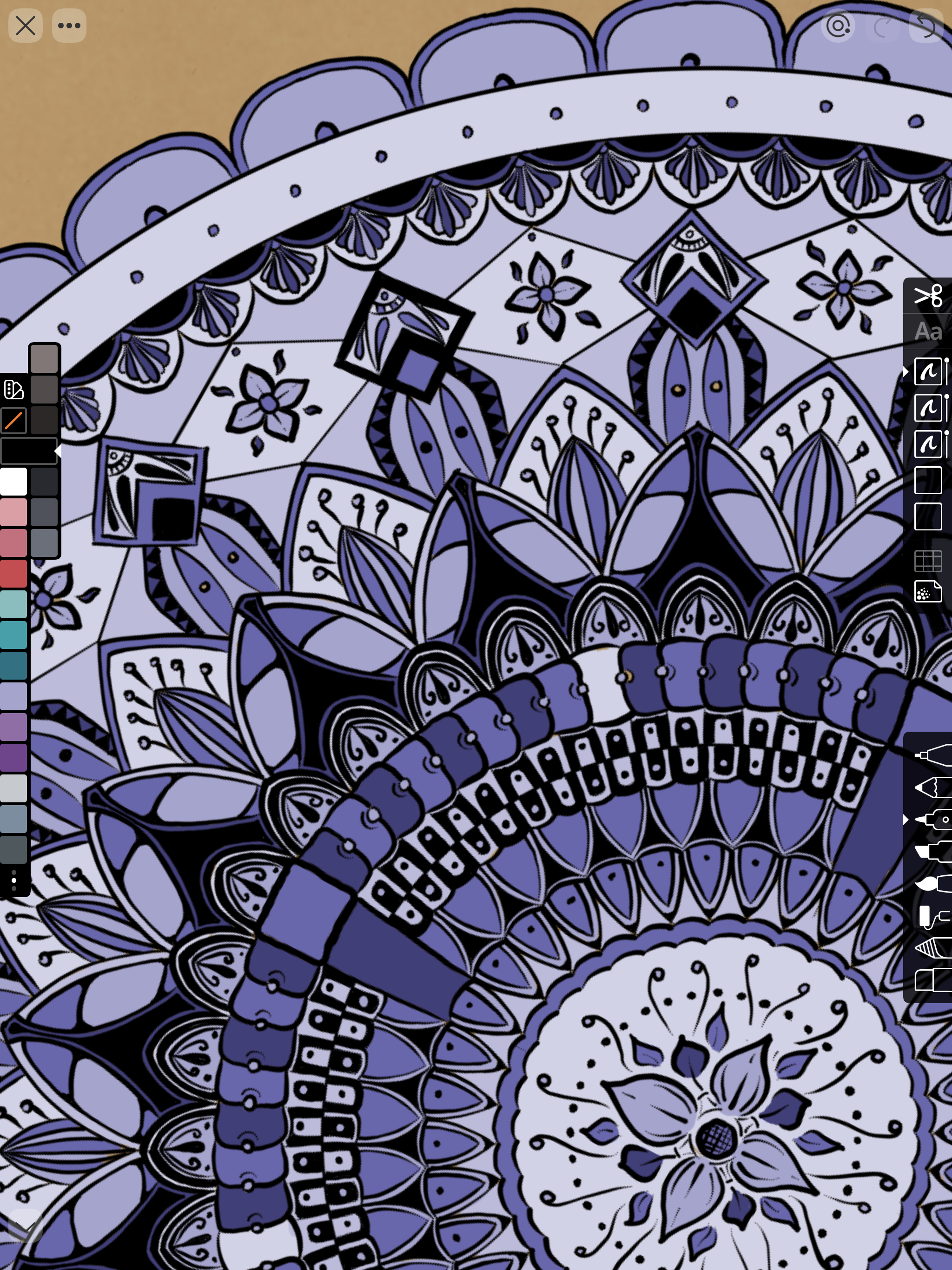 Detail of linework mandala-style drawing colored with shades of purple
