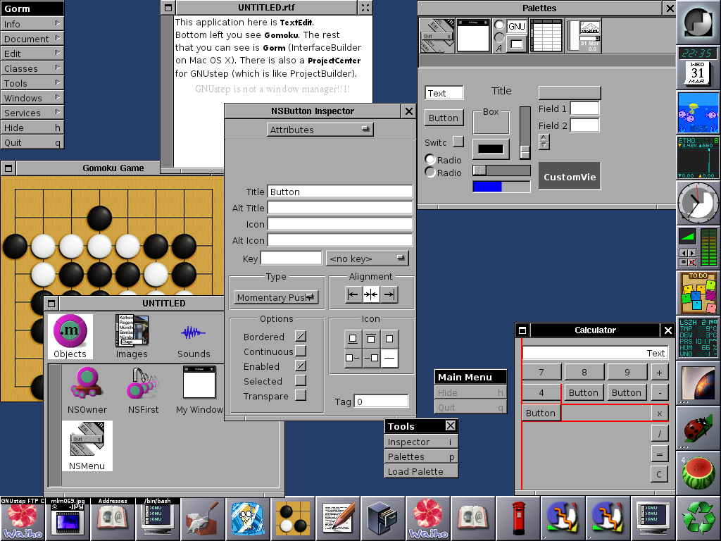 GNUStep screenshot showing calendar and various system statuses in a fixed column of tiles