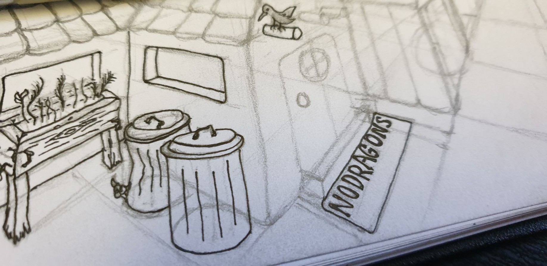 sketch includes welcome mat saying “NO DRAGONS”