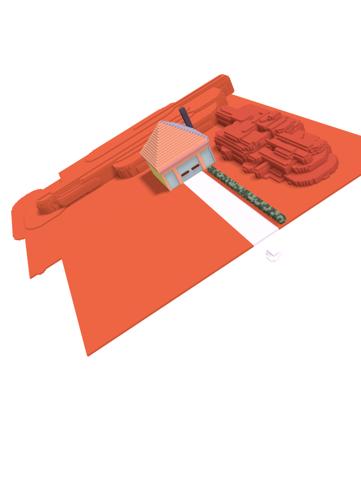 A small boxy house with a hedge and walkway in maybe a rocky desert