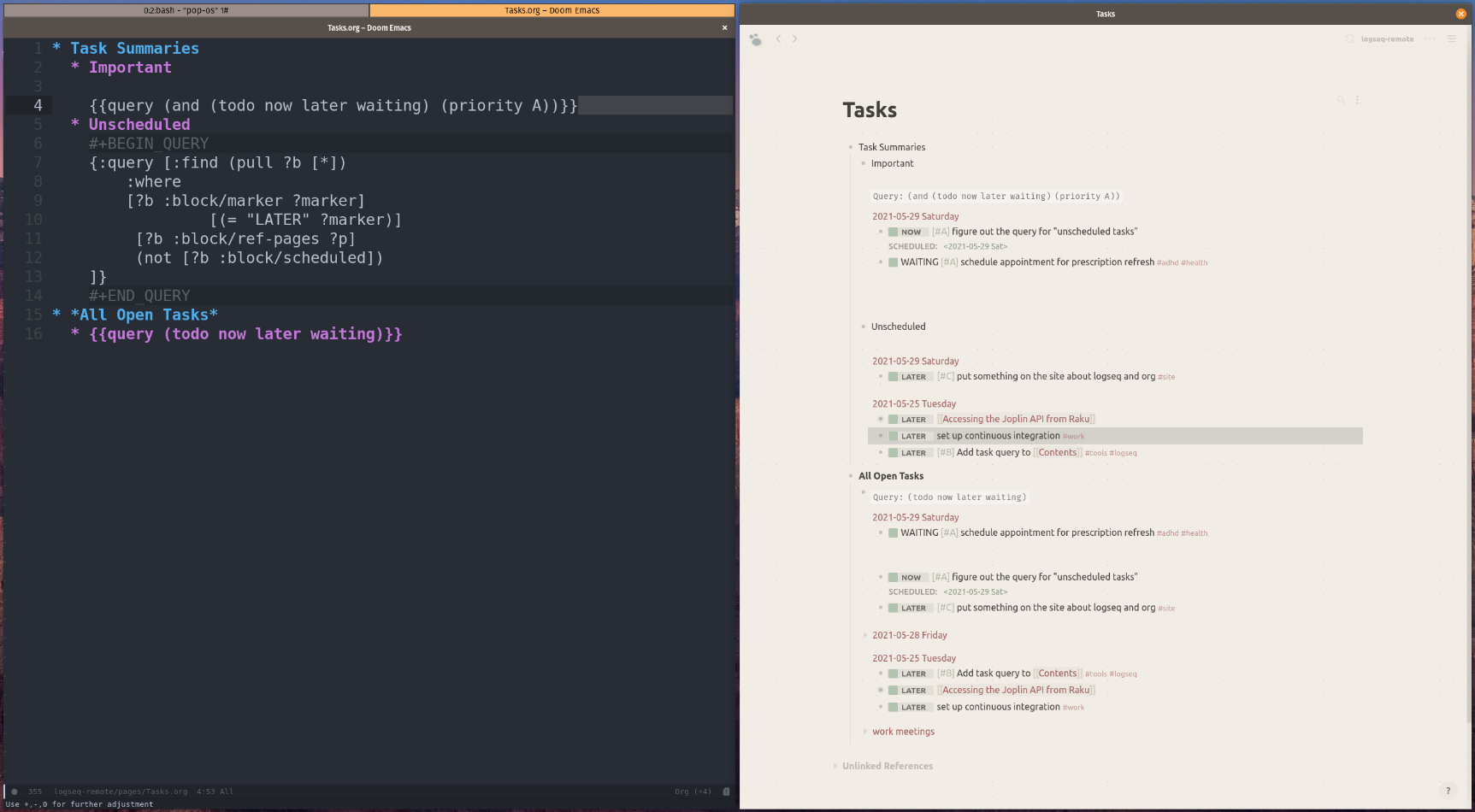 Screenshot of Doom Emacs with a tasks.org file, and logseq rendering the queries in that file