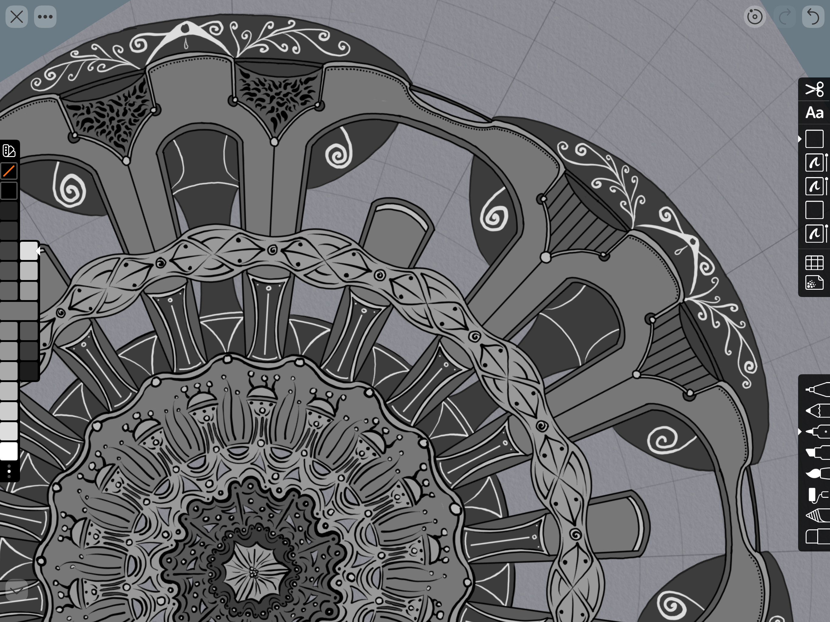 Detail of mandala-style symmetrical drawing with mostly black lines over regions in various shades of gray; the darker regions also have white linework design elements