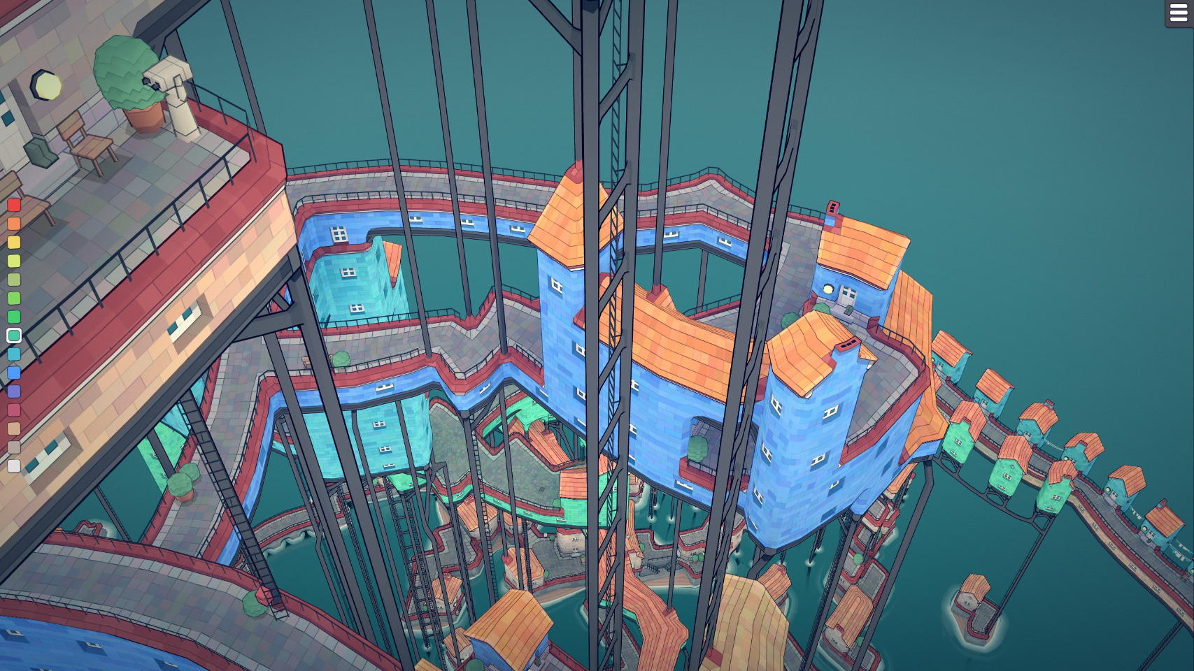Viewing down at buildings and sea from inside the city