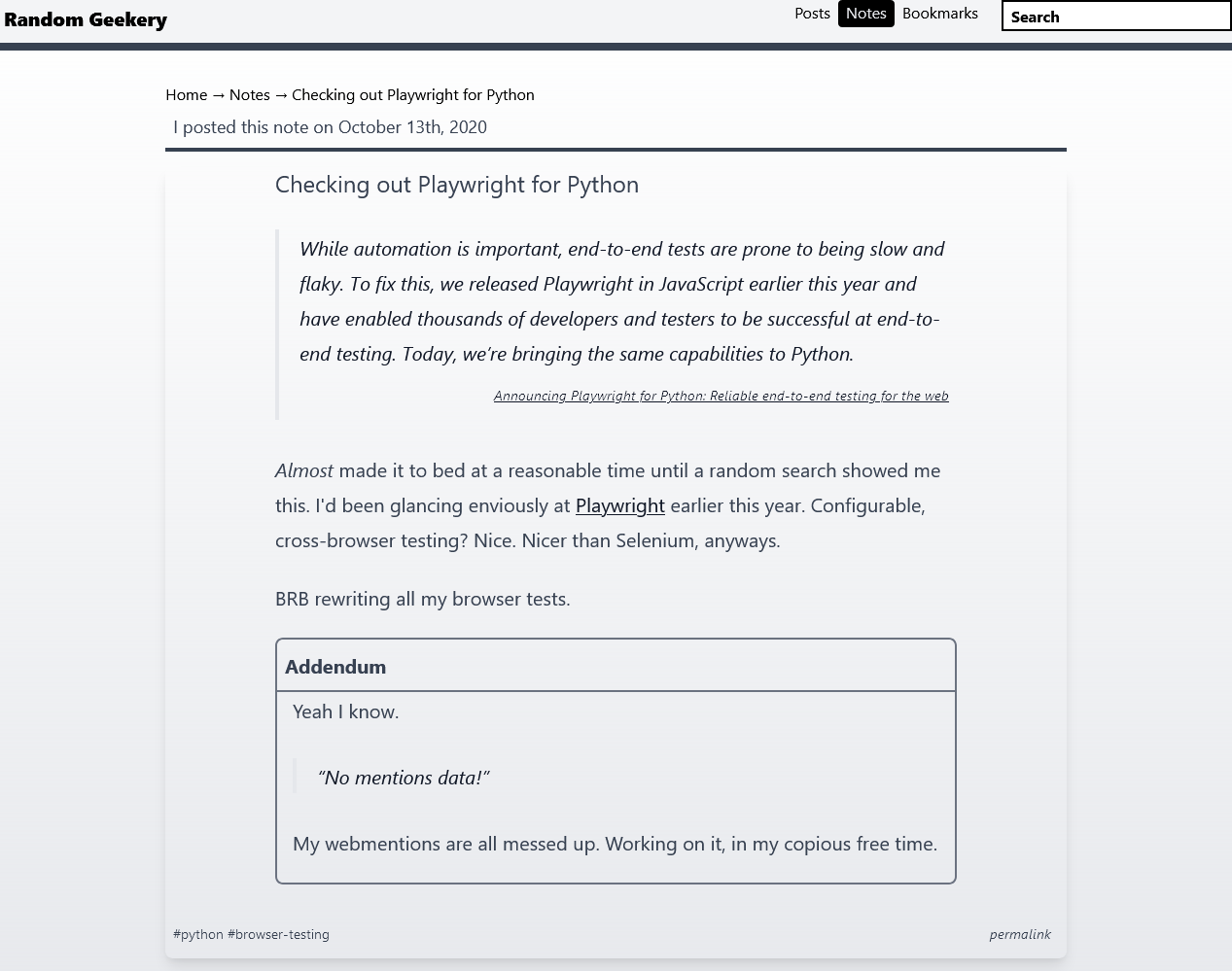 Screenshot of note on Statamic experiment site with embedded quote and aside blocks