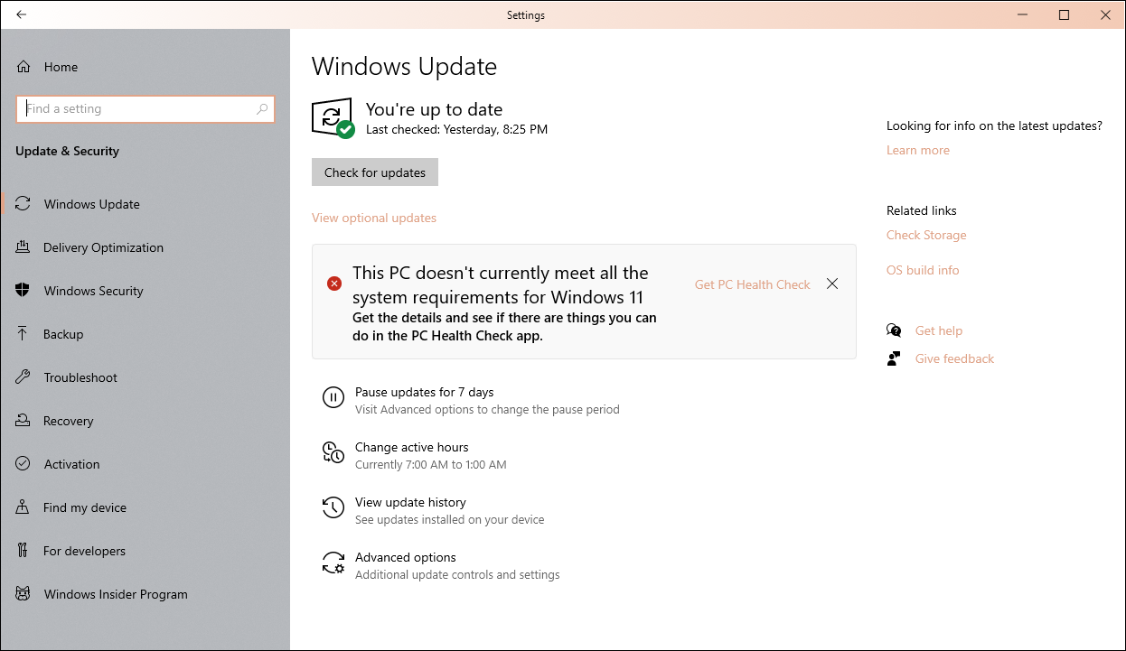 Screenshot of windows Update telling me I don’t meet system requirements for Windows 11
