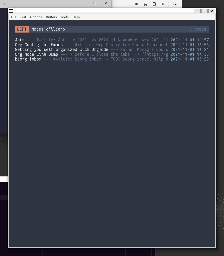 screenshot of Deft in Emacs using dark nano-emacs theme