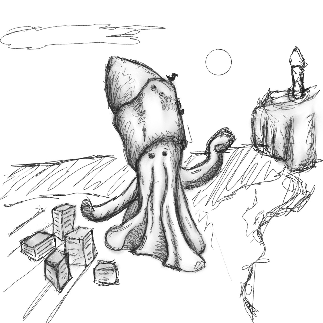 Some sort of squid-like sea monster walking on its tentacles, with a concerned expression as one tentacle brushes near buildings 