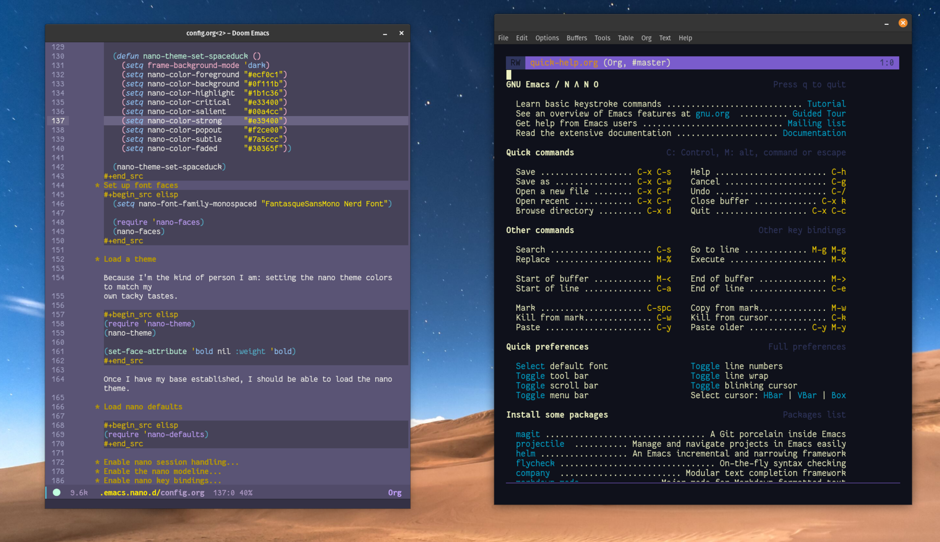 Screenshot of two Emacs windows, one a light purple background and the other a dark purple background.