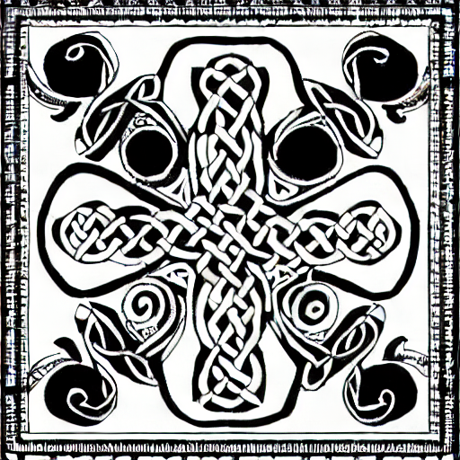 Celtic knotwork style cross with decorative circles and a border frame