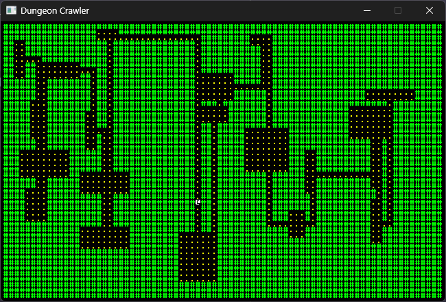 terminal display of a dungeon adventure map, similar to Nethack and other roguelikes.