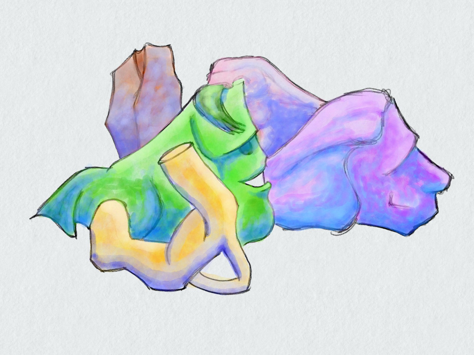 Drawing of random shapes, some faces, all brightly colored