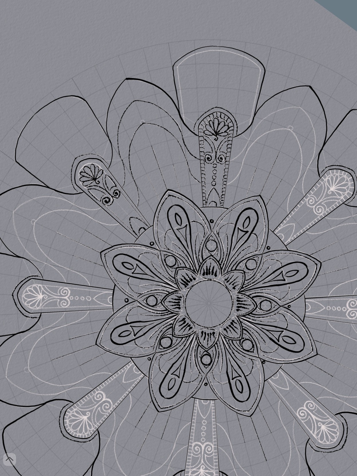 Dark lines tracing over white sketchy lines of a mandala-style drawing