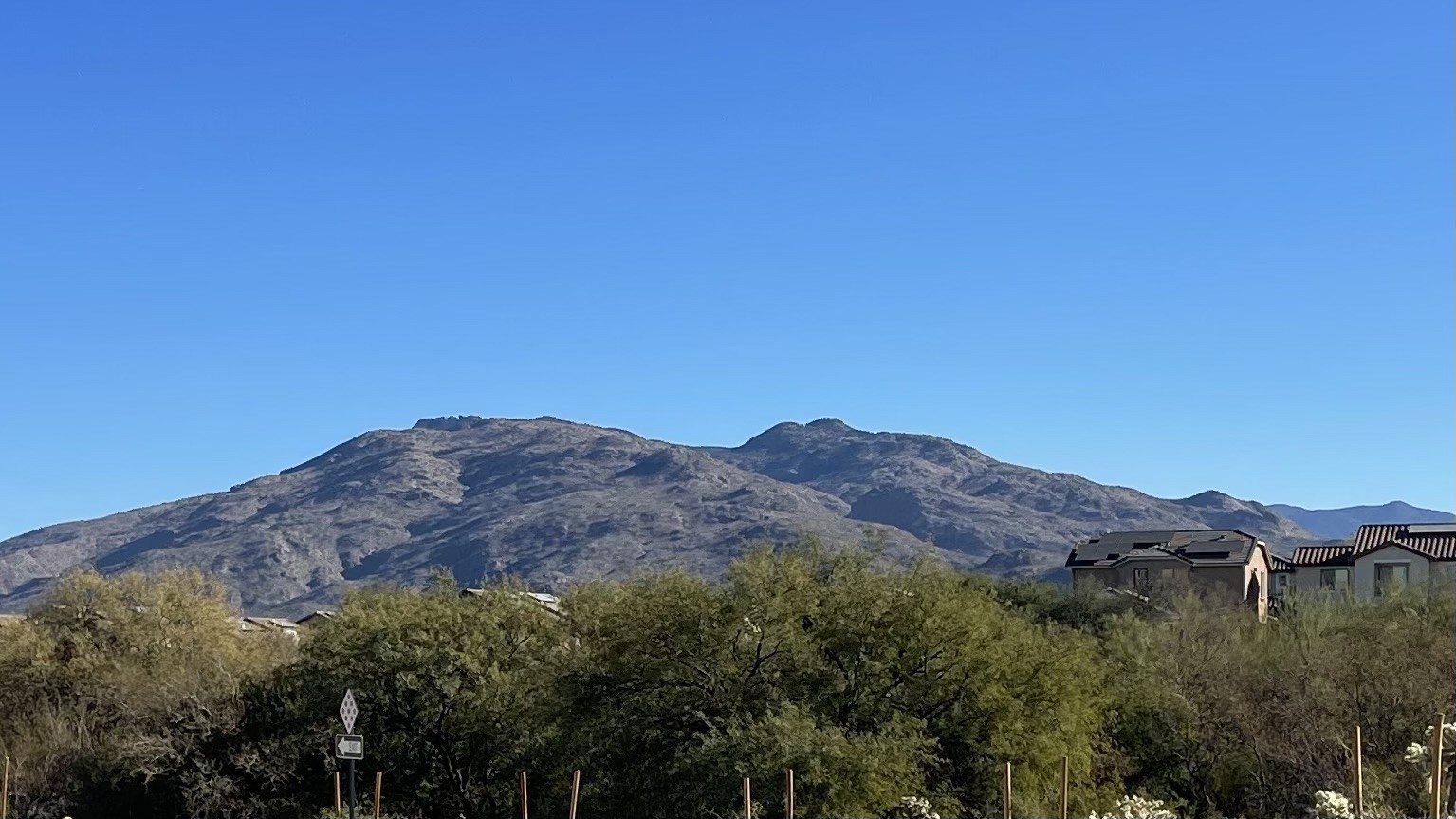Desert mountain with features highlighted by long shadows 