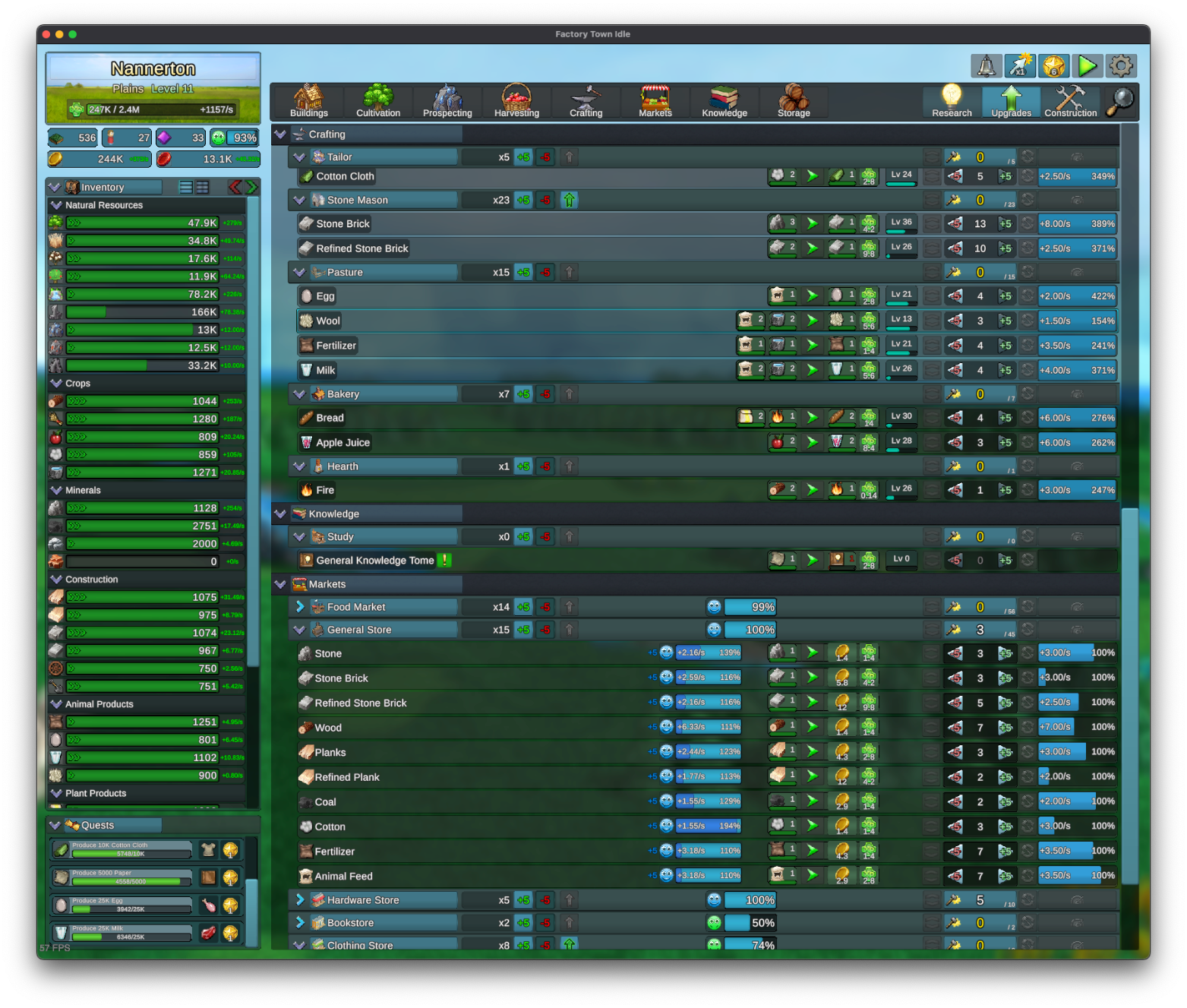 Dashboard for the idle clicker game Factory Town Idle, showing generation and consumption of town resources like “stone brick,” “wool,” “refined plank,” and so on.
