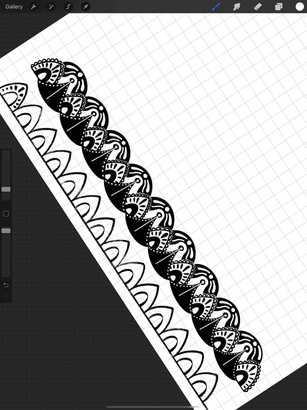 Procreate screenshot of drawing with repeated pattern across a couple rows of a grid