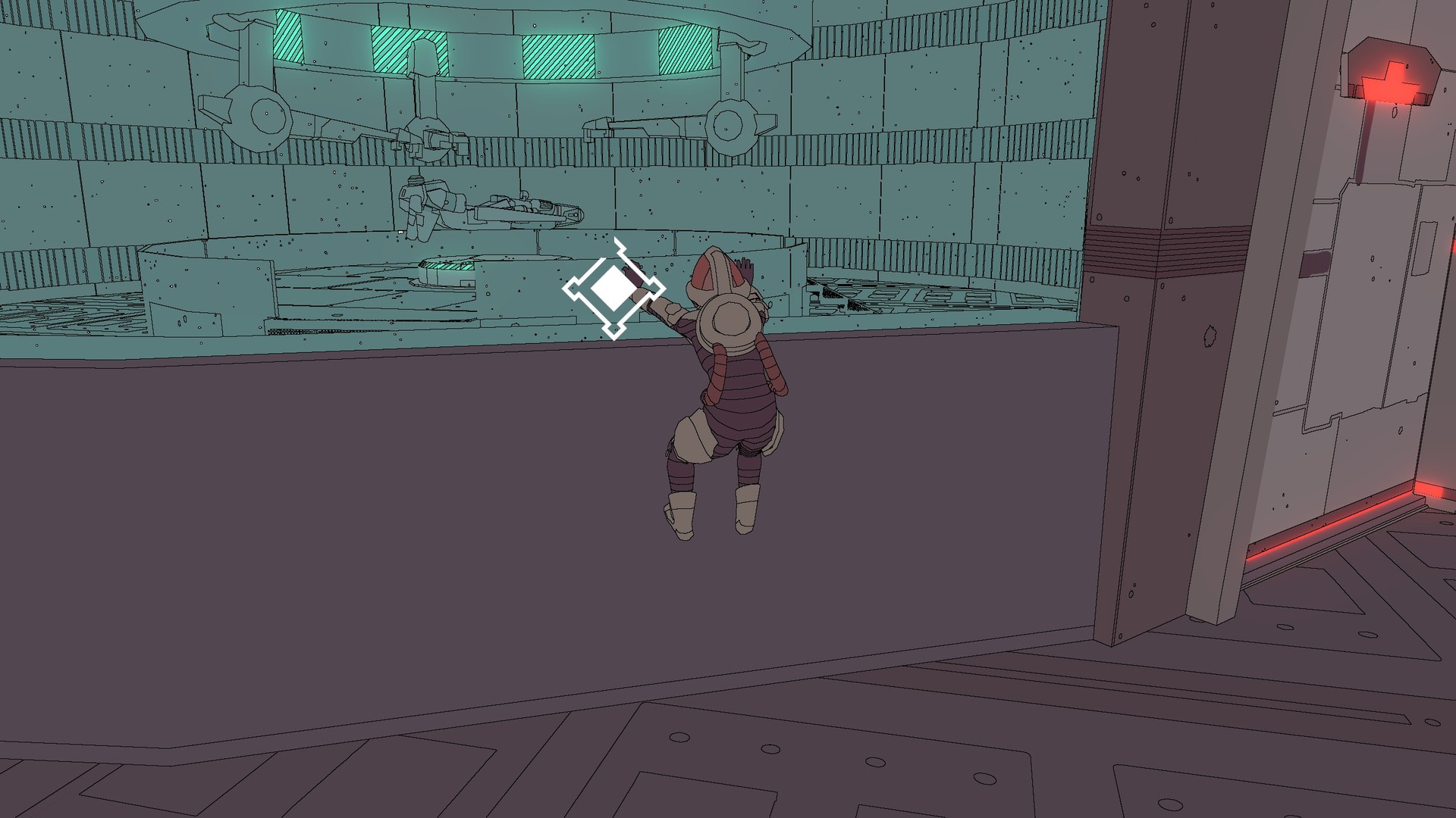 Game screenshot with character clinging to a glass wall looking at what appears to be a very fancy hoverbike on the other side of a door that remains securely locked.