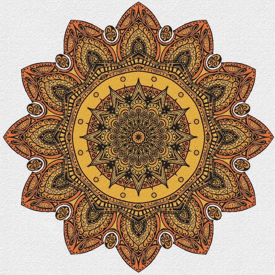 Kaleidoscopic symmetry drawing with black lines, orange colors, and a textured white canvas background