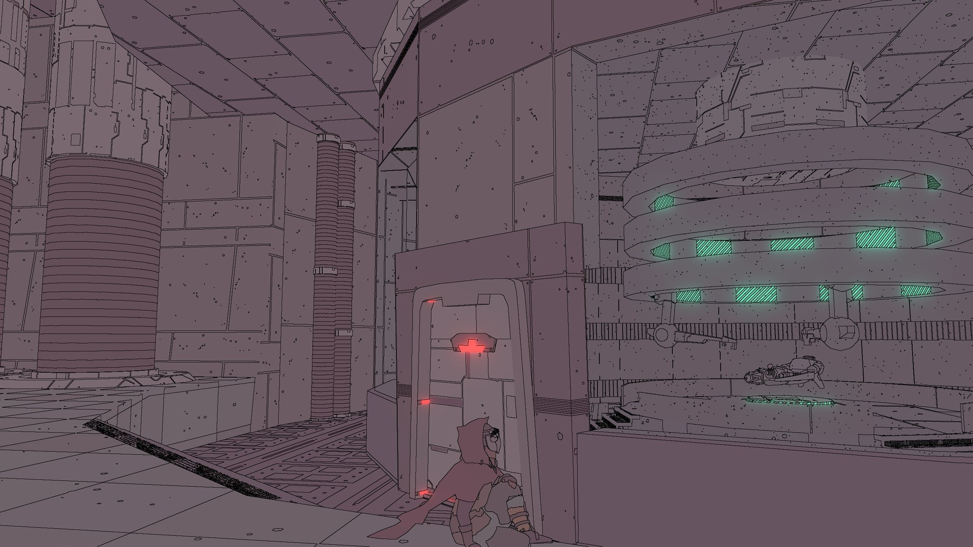 game screenshot with Sable sitting in a large spacecraft, with what appears to be a very fancy hoverbike on the other side of a secured door.