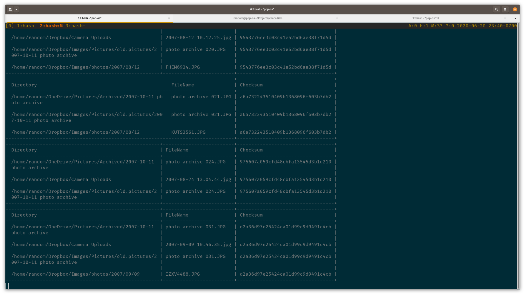 terminal with text tables describing likely duplicate files