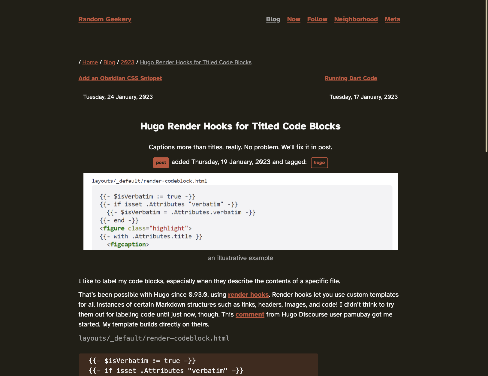 blog post on dark background with orange-red links