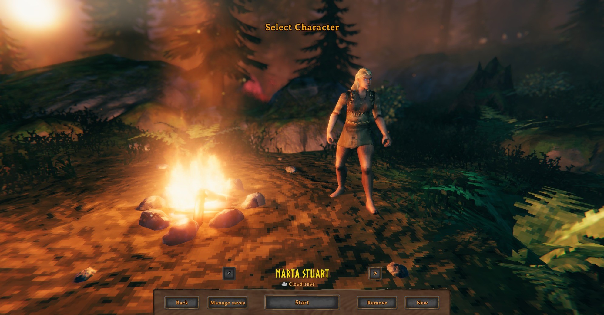 Valheim character selection screen, with newly created female character named “Marta Stuart”