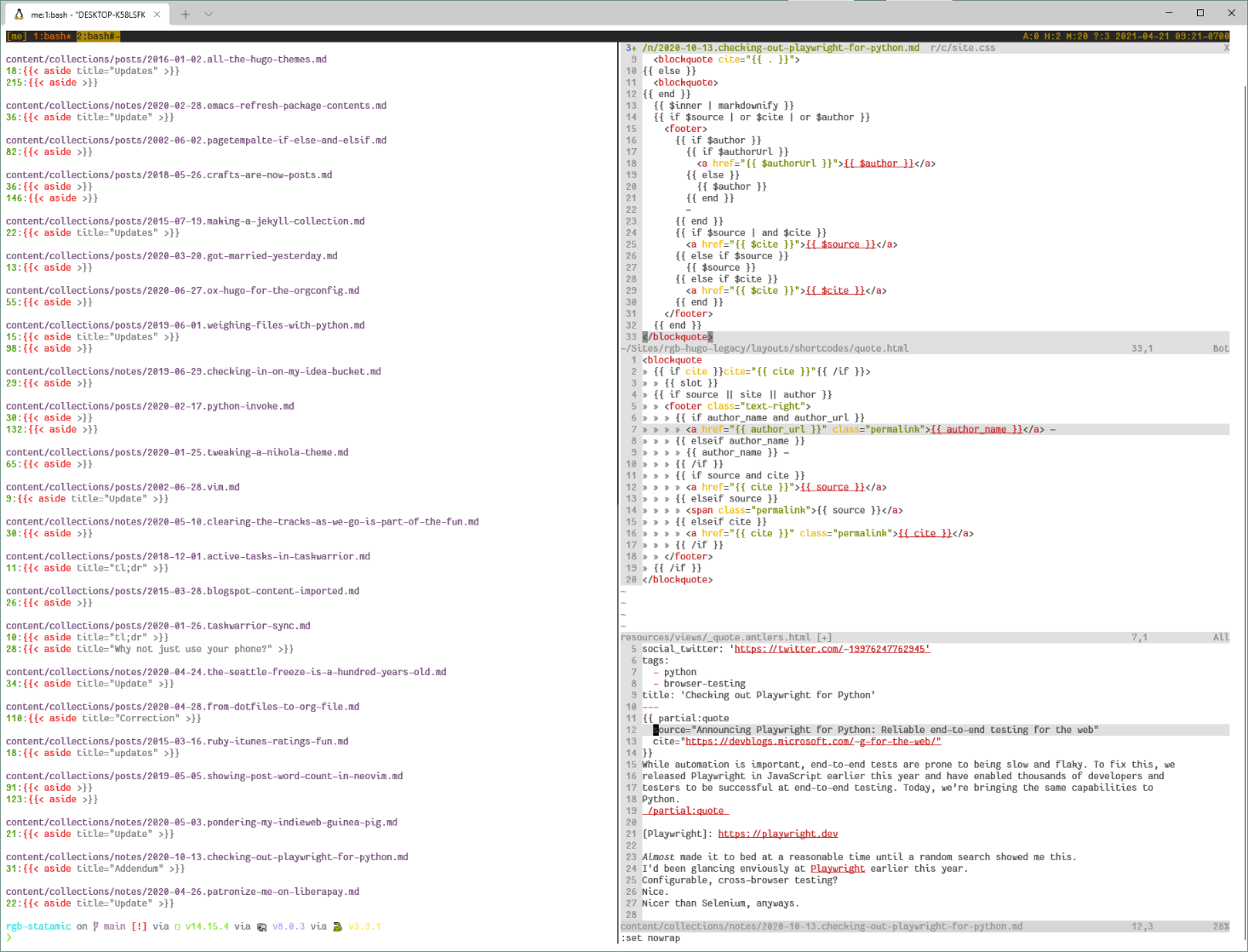 Screenshot of console session showing a search for shortcodes and Vim with buffers for current conversion