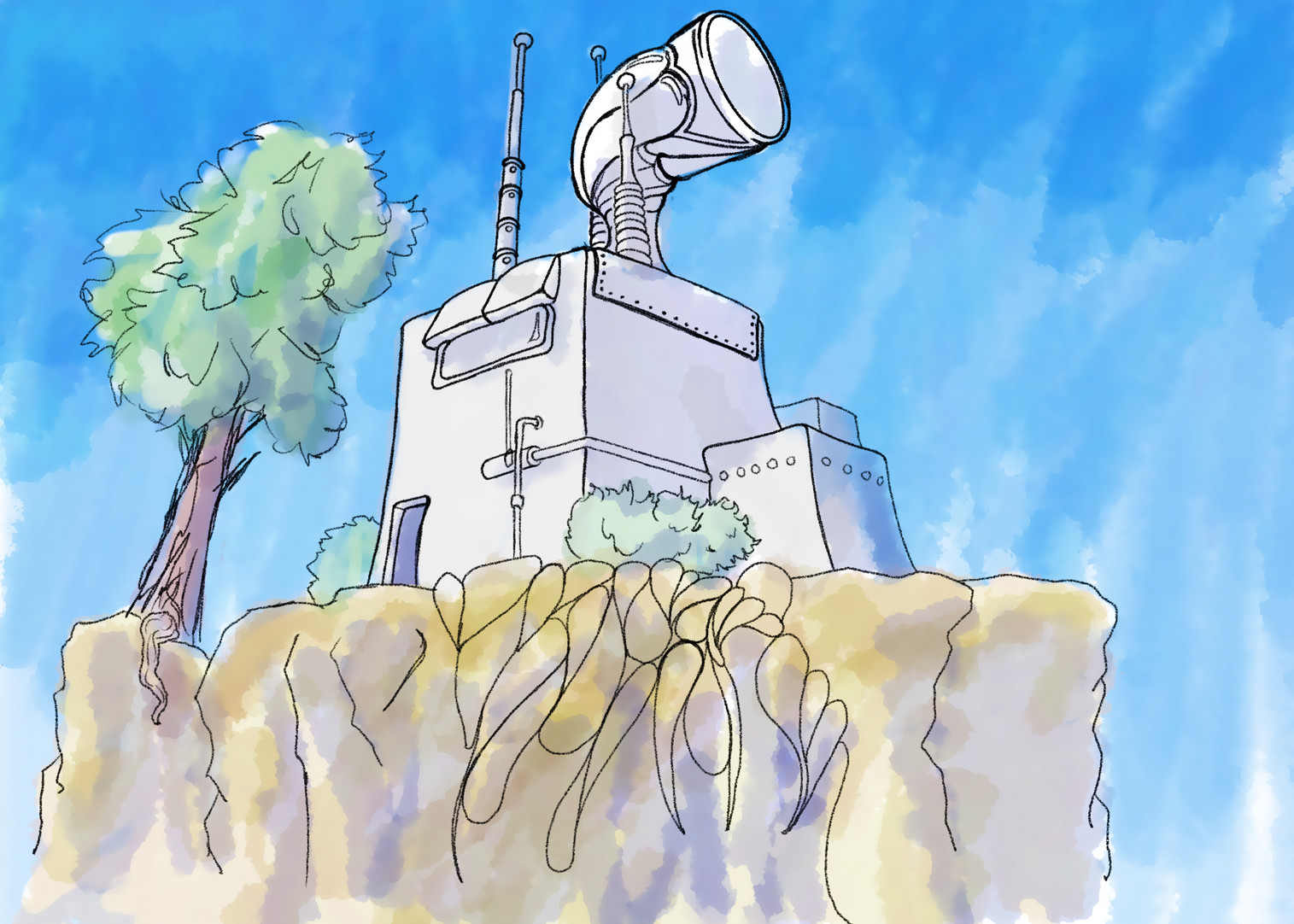 Some sort of observatory-like structure on a cliff, with nearby tree