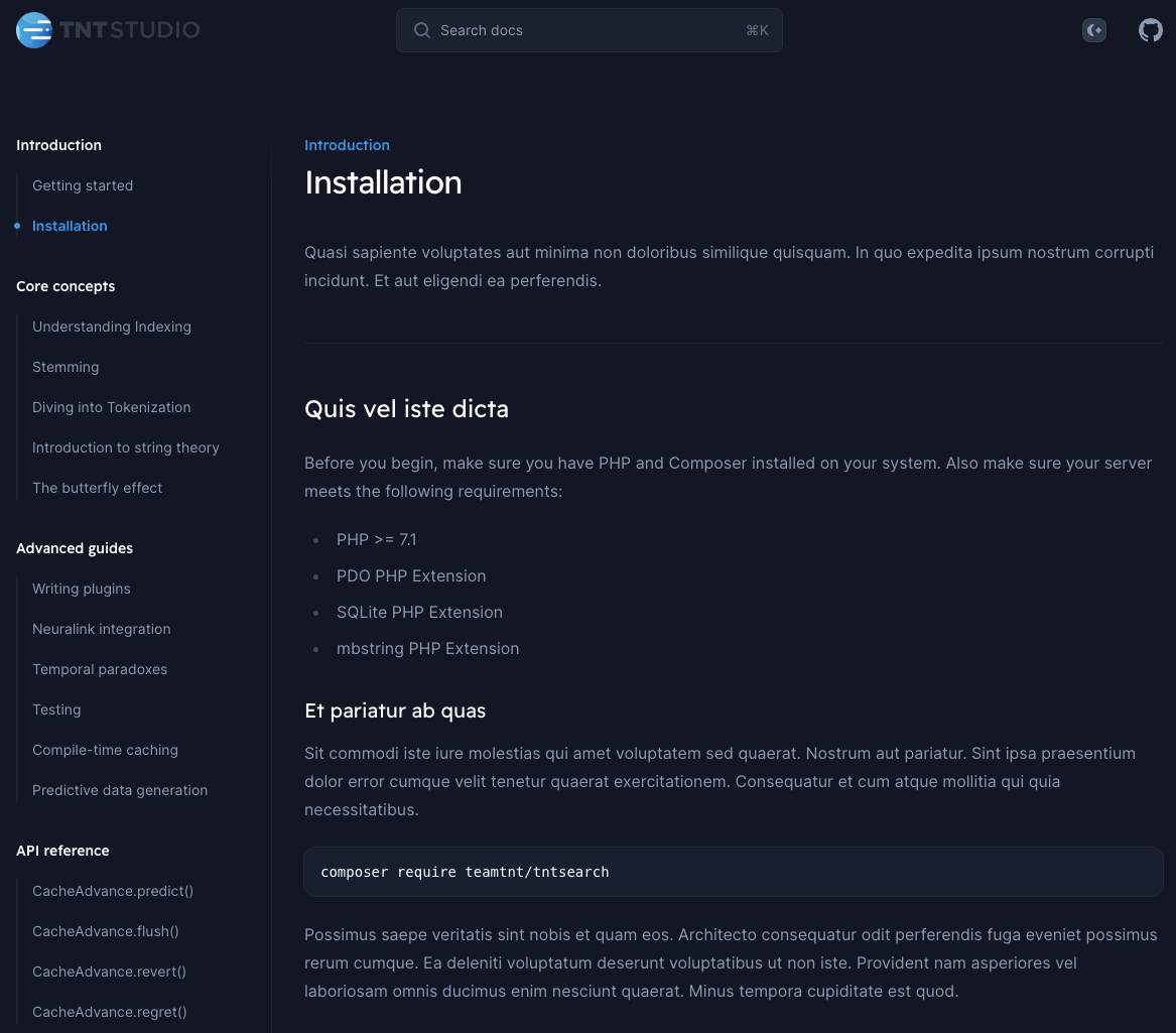 nicely formatted documentation page with loads of “lorem ipsum” filler text but also a few actual instructions