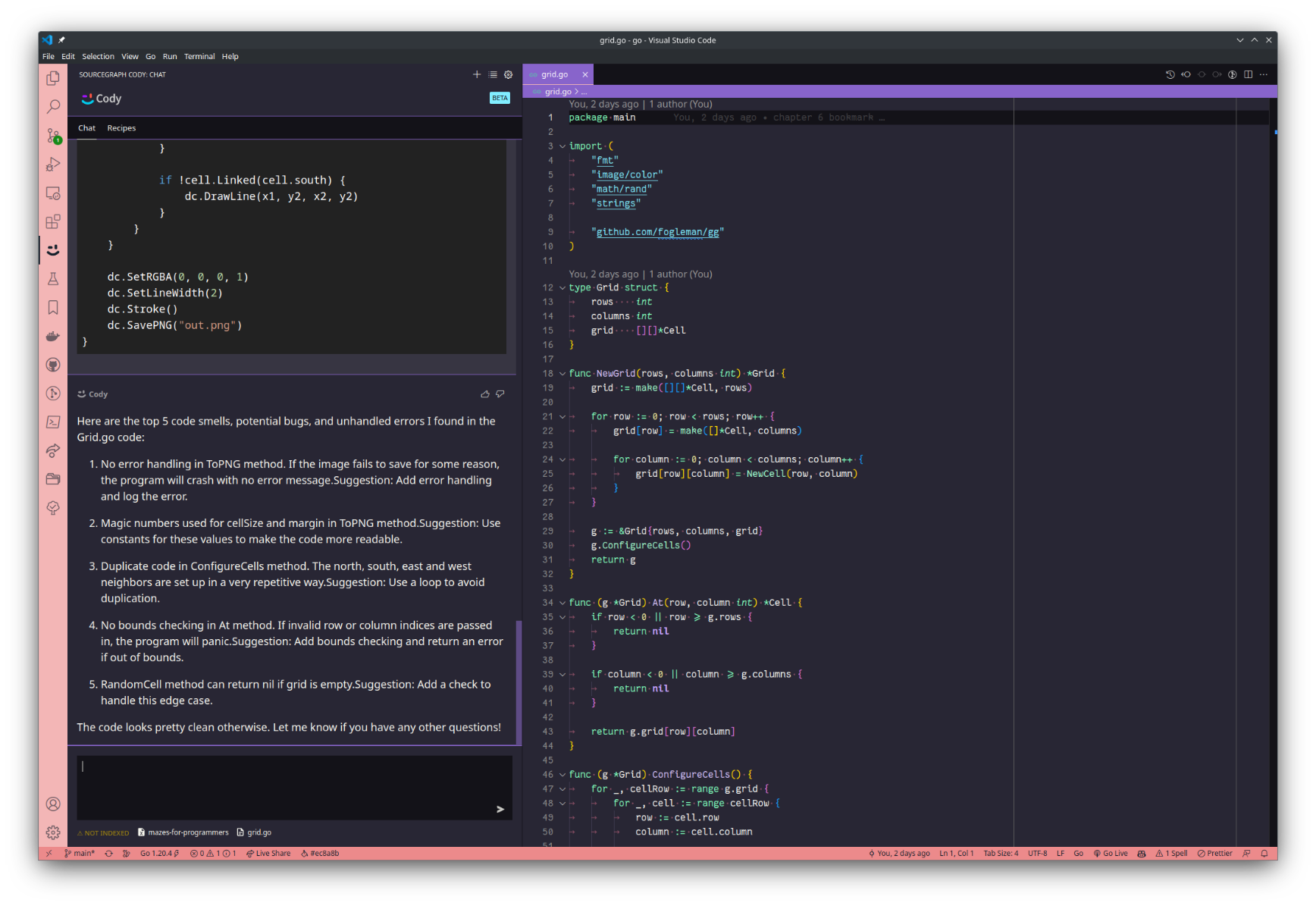 Visual Studio Code showing some Go code and a list of shortcomings found in that code.
