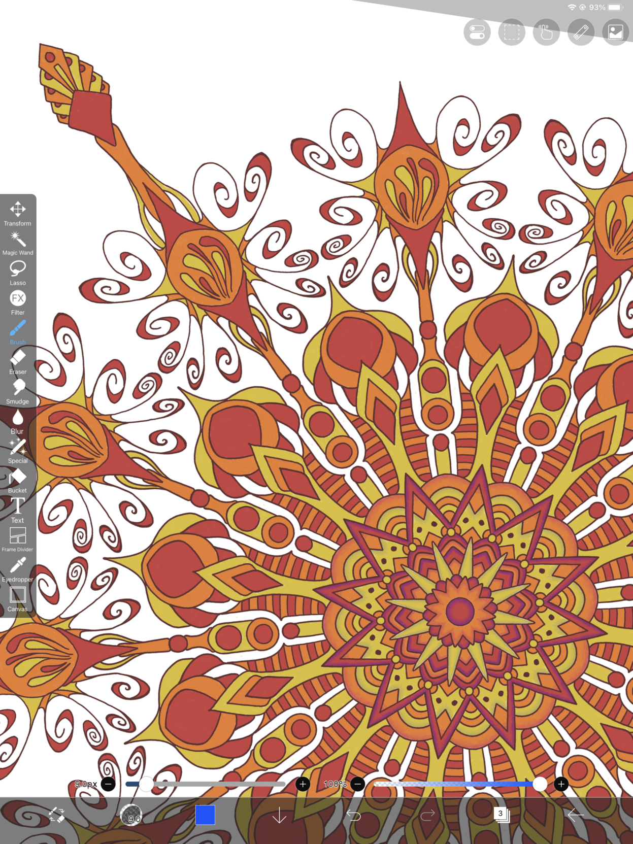 Detail of in progress symmetry drawing with red, orange, and yellow colors