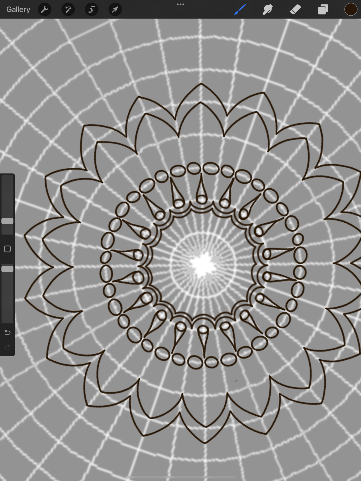 Procreate app zoomed in on the beginnings of a radial symmetry drawing. 