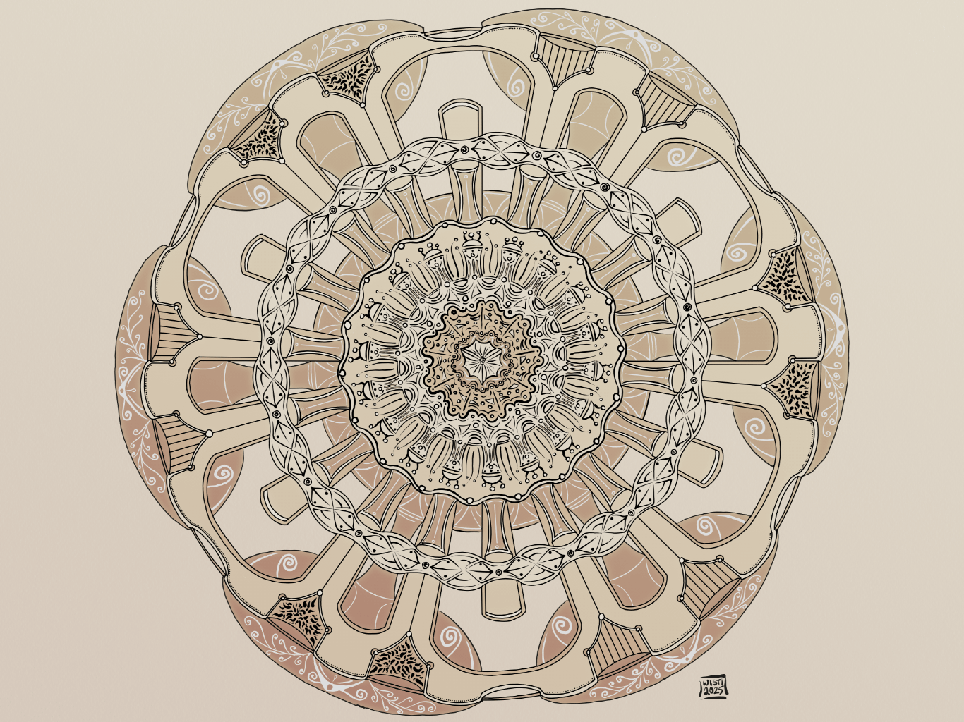 symmetrical mandala-style line drawing with beige coloring