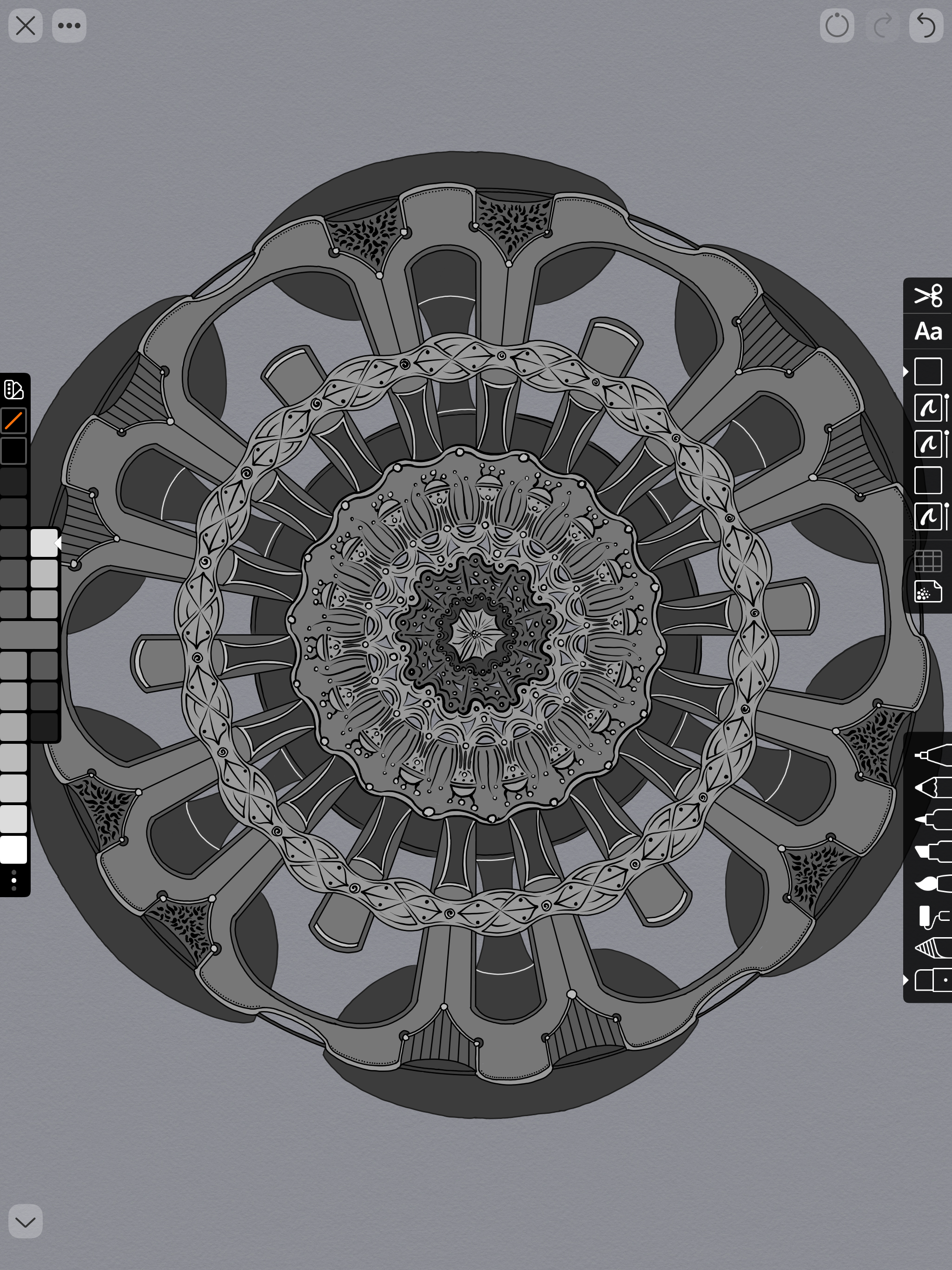 Linea Sketch with mandala-like symmetric circle; some elements look vaguely like a repeating sequence of crying faces