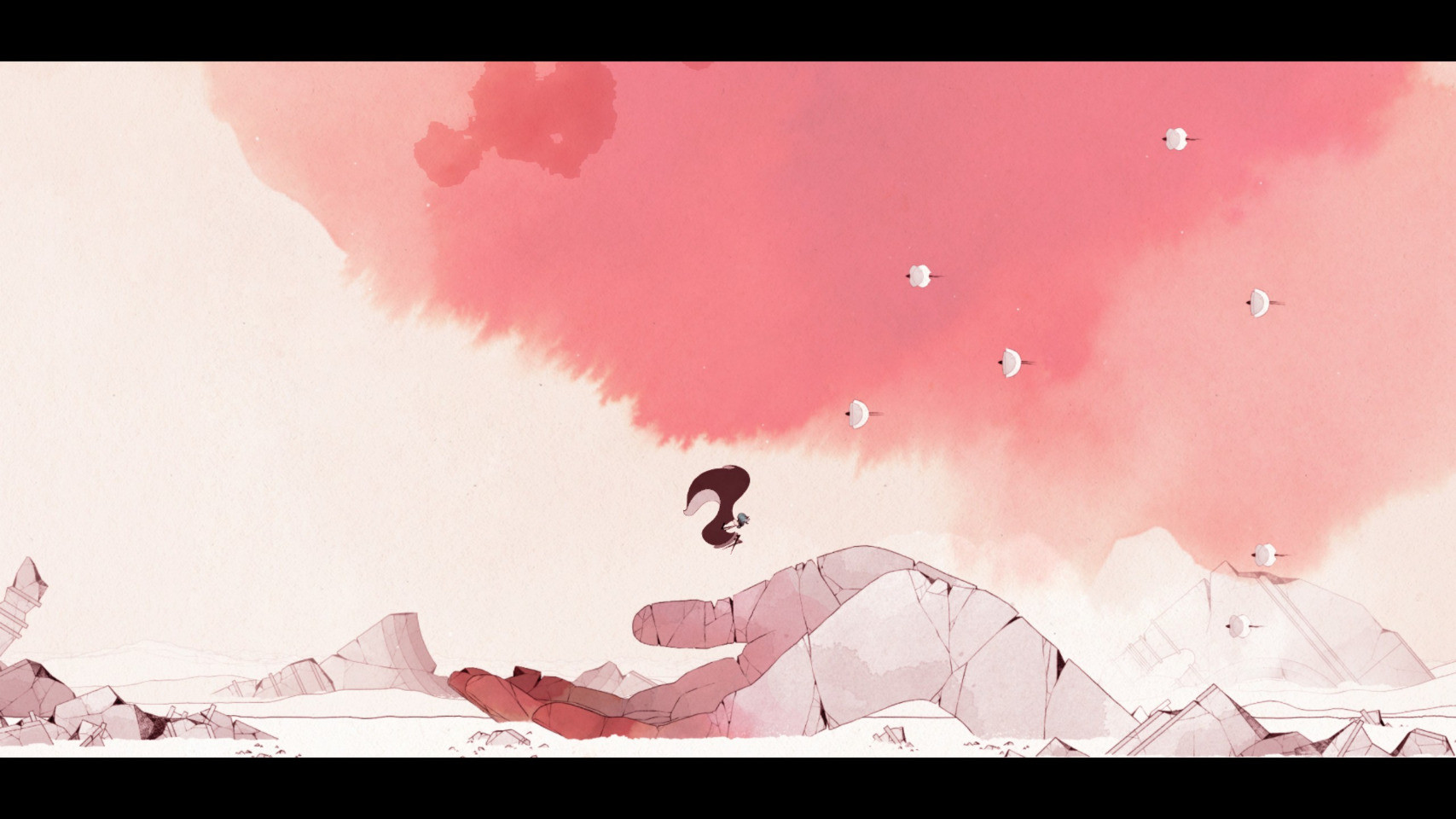 girl floating over rubble statue hand with red watercolor wash background
