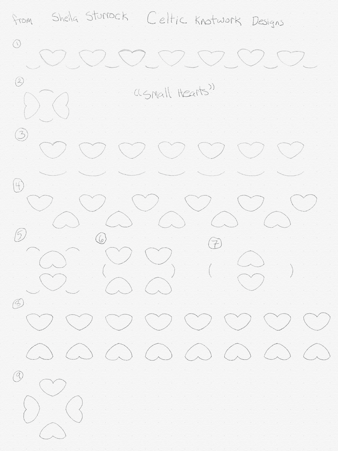 Drawing with regions laid out for assorted knotwork images; handwritten text reads «from Sheila Sturrock Celtic Knotwork Designs “Small Hearts”»