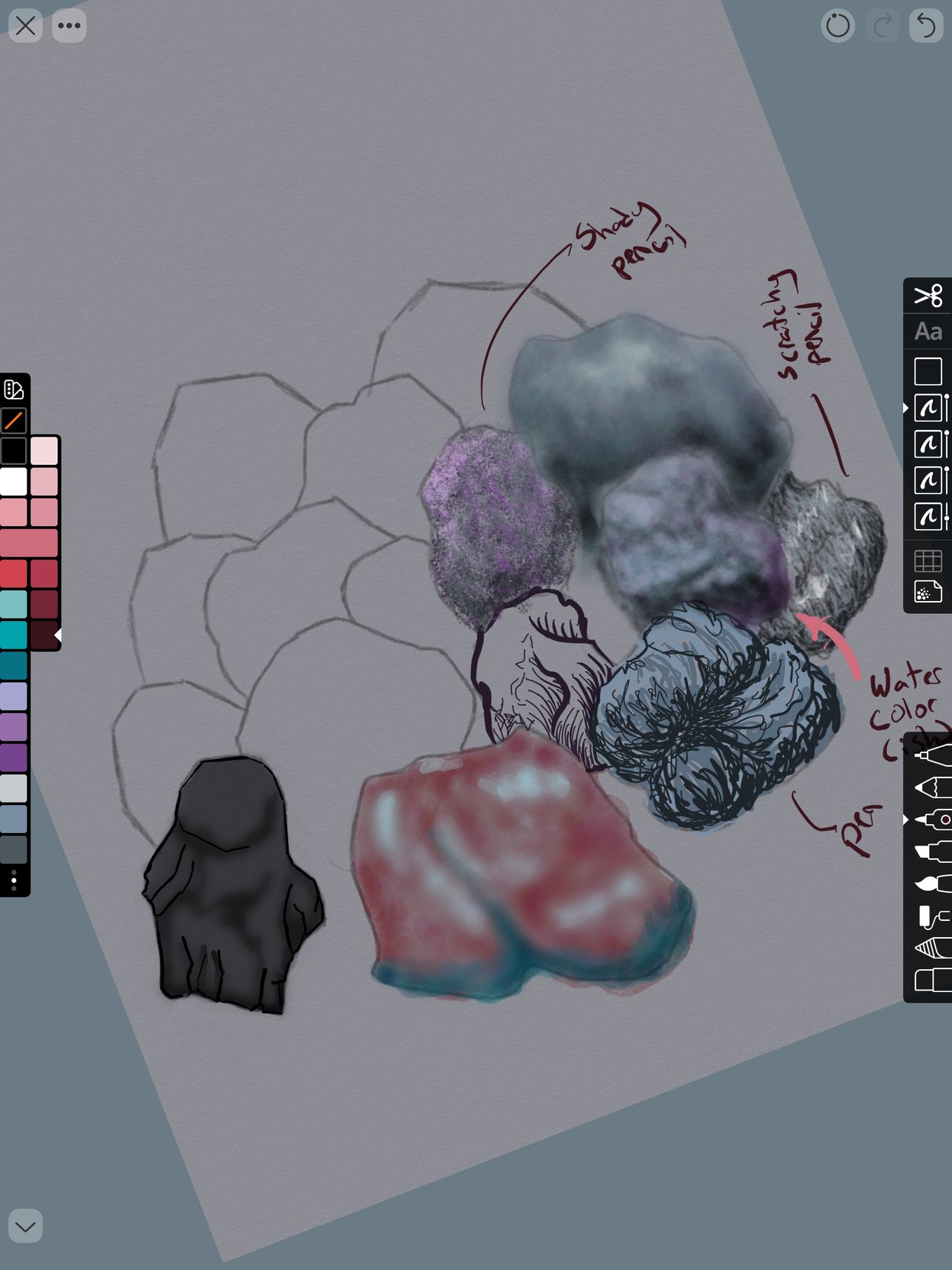 Drawing of assorted rocks drawn with pencil, pen, and watercolor brushes