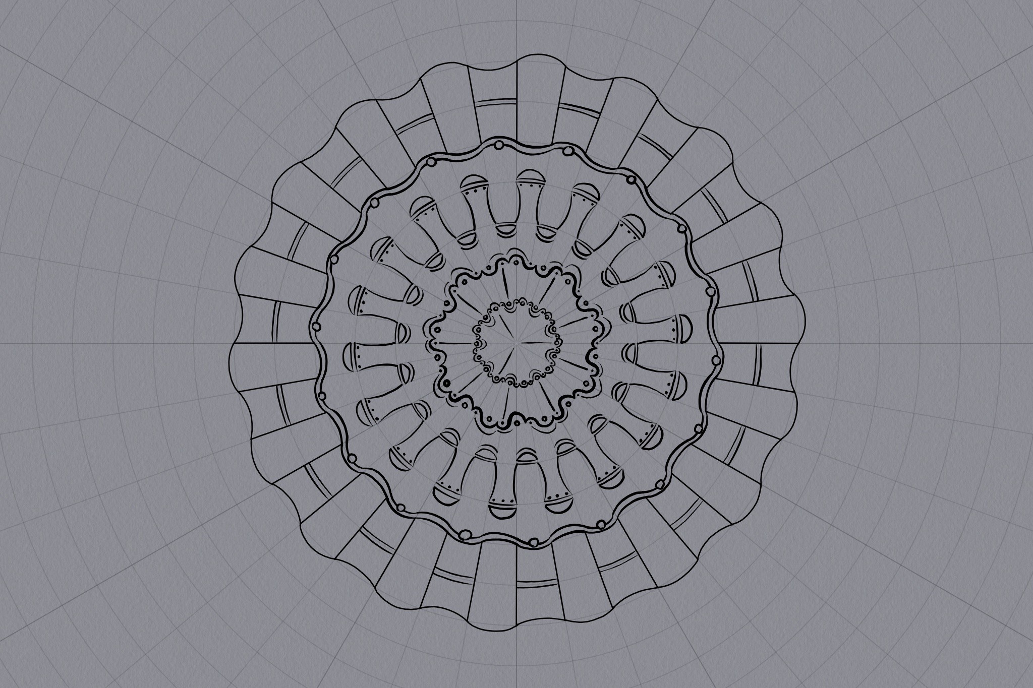 Circular symmetry line drawing the vaguely resembles a fossilized microscopic algae