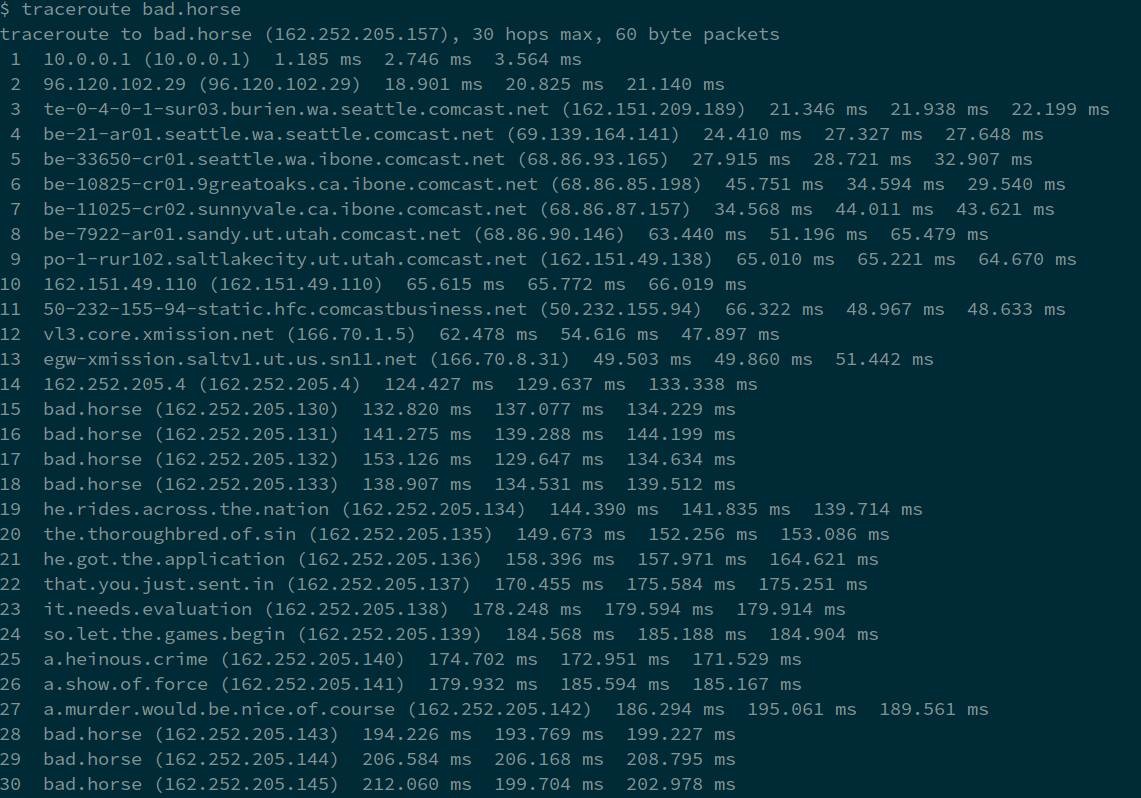 output of traceroute with each stop being a phrase from a once-popular musical
