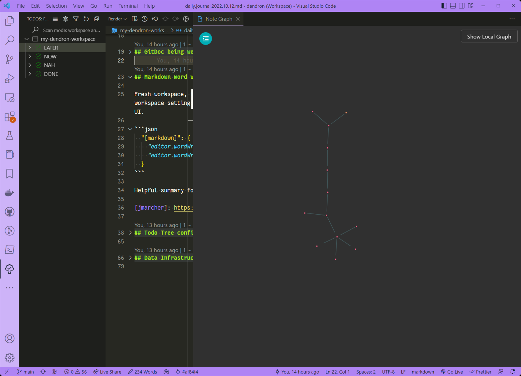 VS Code showing a very small note graph and some task classifications.