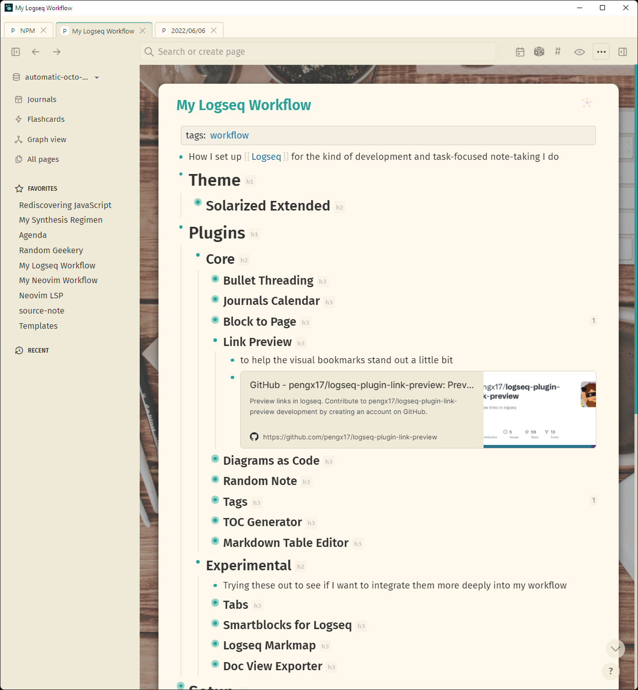 Logseq screenshot describing my current setup