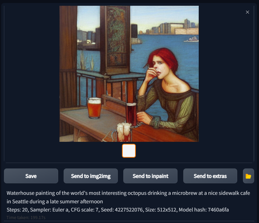 screenshot of stable diffusion web ui; prompt: “Waterhouse painting of the world’s most interesting octopus drinking a microbrew at a nice sidewalk cafe in Seattle during a late summer afternoon”; image: A woman reminiscent of Waterhouse paintings, holding a dark beer, near an unattended IPA at a bar on maybe a covered porch; background is a non-specific city waterfront with an octopus maybe