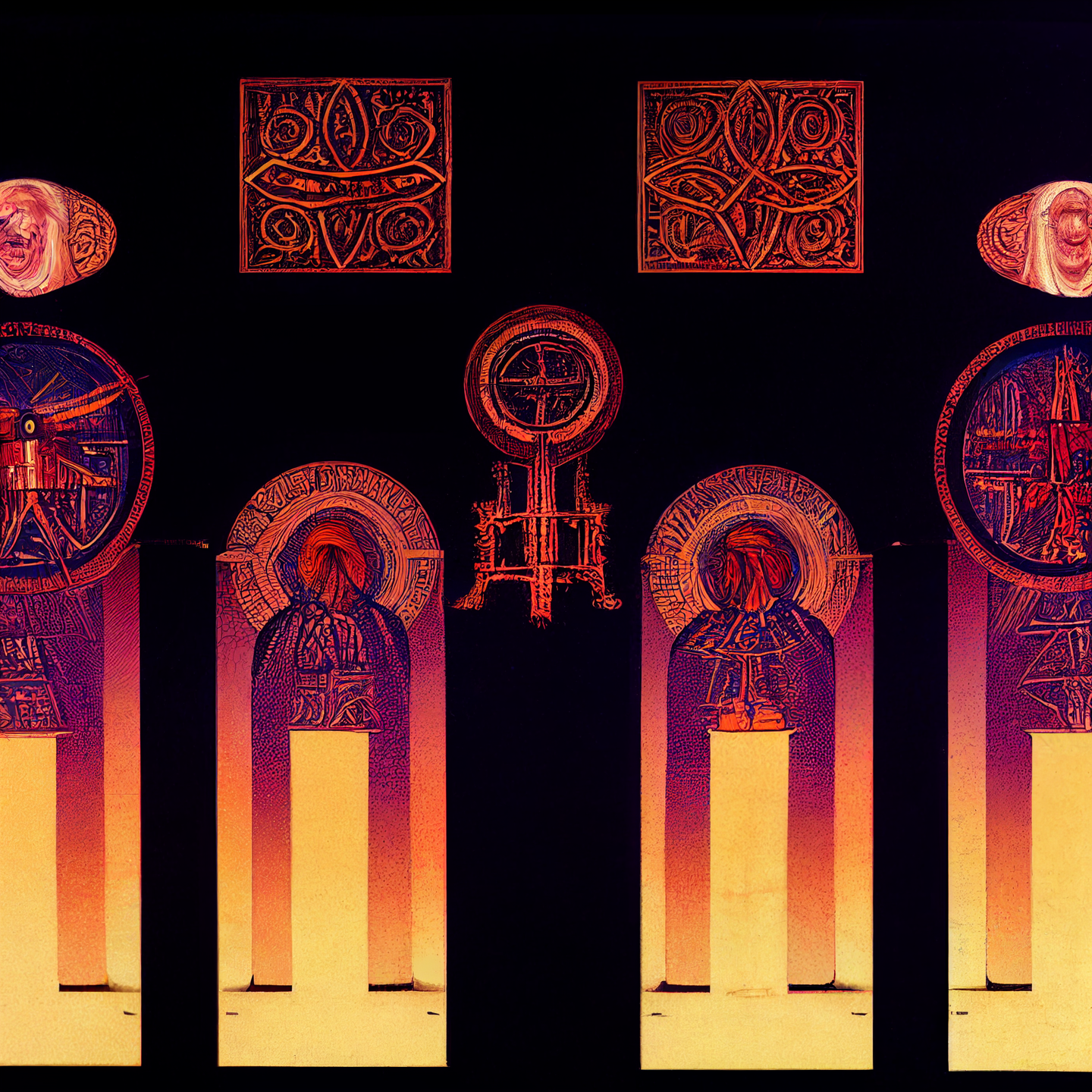 purple and yellow sort of celtic imagery with figures in pillars?