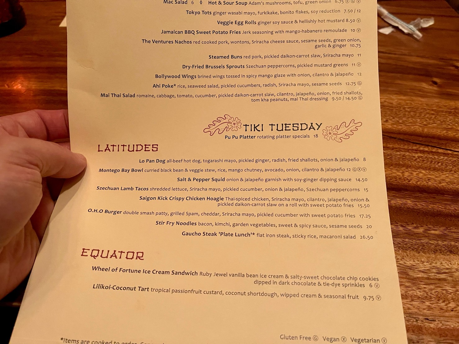 Tiki bar food menu with items like “Szechuan lamb tacos”