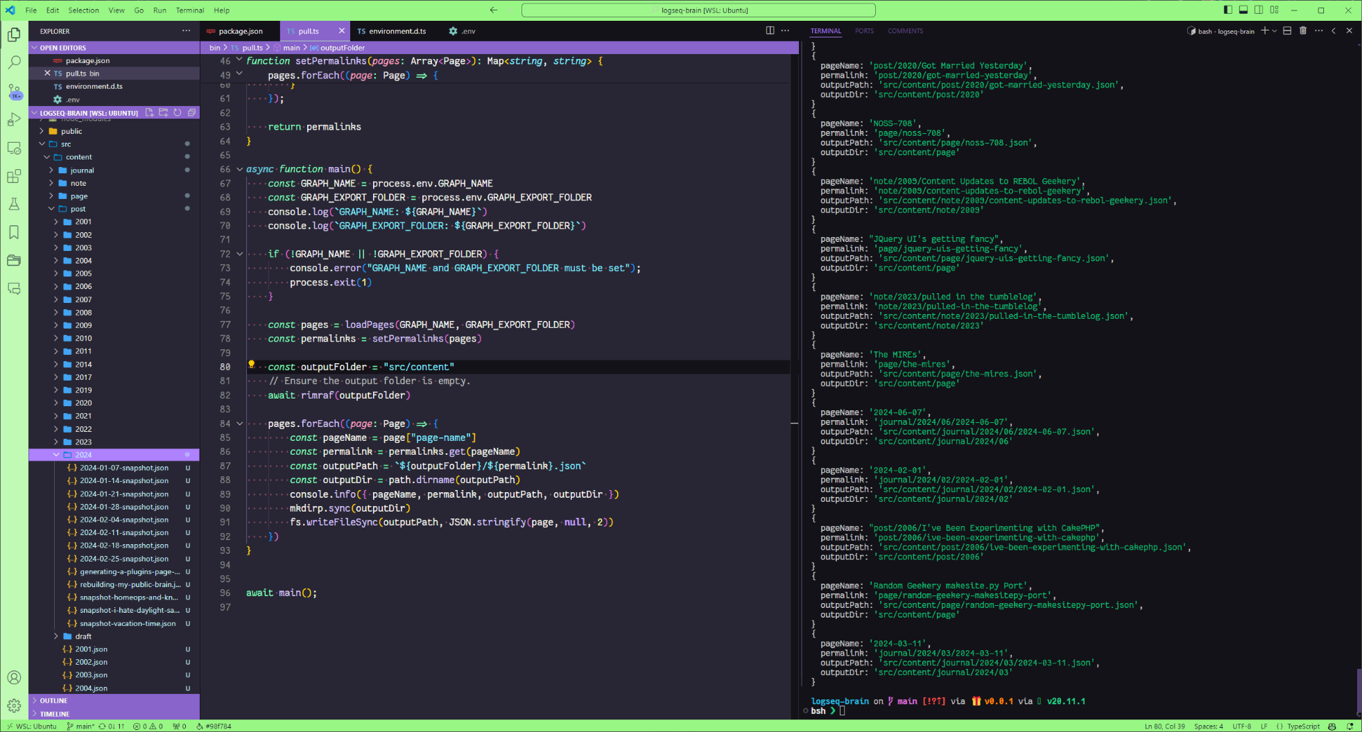 Visual Studio code showing a collection of JSON files in the explorer sidebar, some TypeScript code to generate those files from a Logseq JSON export, and an embedded terminal showing the log output which lists Logseq pages being processed and their output JSON files