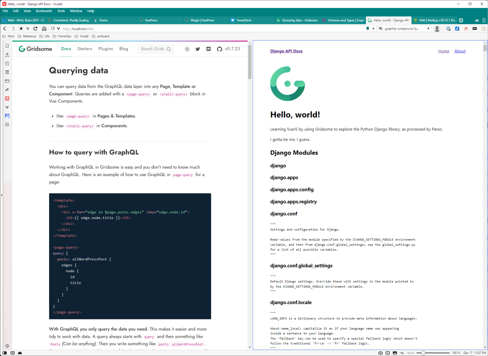 screenshot of browser with window split between showing Gridsome “Querying data” documentation and a rudimentary Django API browser on the other side.