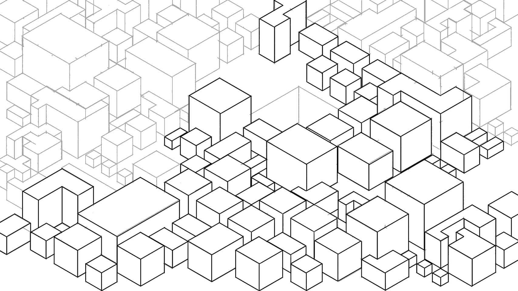 Isometric perspective cityscape drawing in progress 
