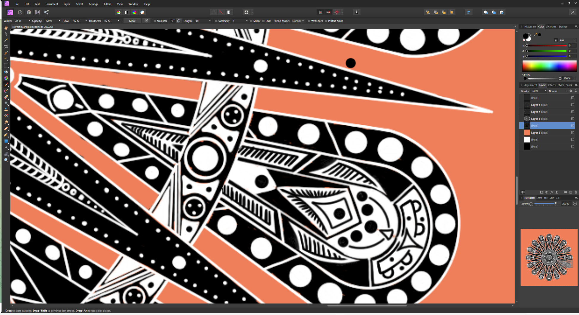 Affinity Photo screenshot zoomed in on a detail of a black and white image with sort of a salmon background, and many salmon patches in the drawing that need to be black or white