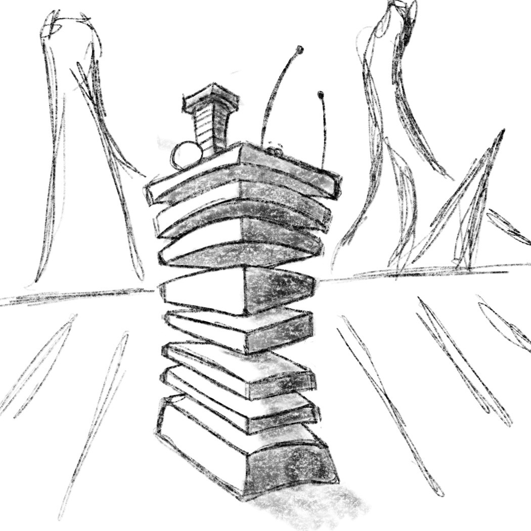 Crude pencil drawing of a tower structure made of floating layers