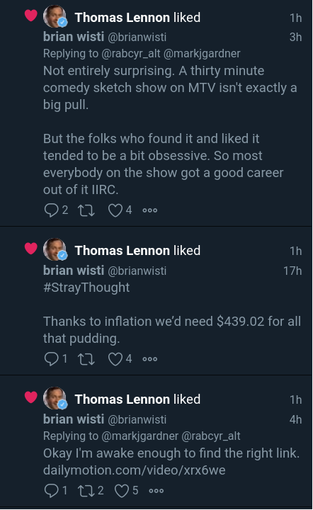 TweetDeck notifications screenshot showing my pudding tweet and ensuing Twitter conversation liked by Thomas Lennon, one of the cast members of the skit I was thinking of.
