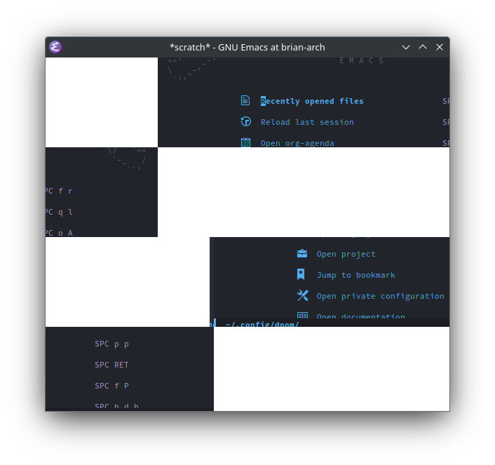 And emacs window displaying as tiles of text on a black background, and plain white tiles without text